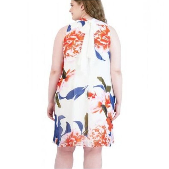 Signature Robbie Bee Off White Colorful Floral High Neck Shift Flowy Mini Dress - Picture 2 of 13